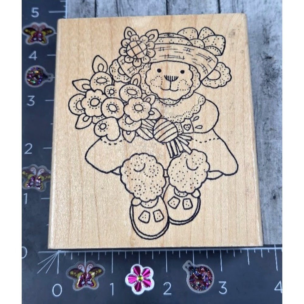 Azadi Earles Teddy Bear Flowers Bouquet L980 Girl Hat Rubber Stamp Wood #A21